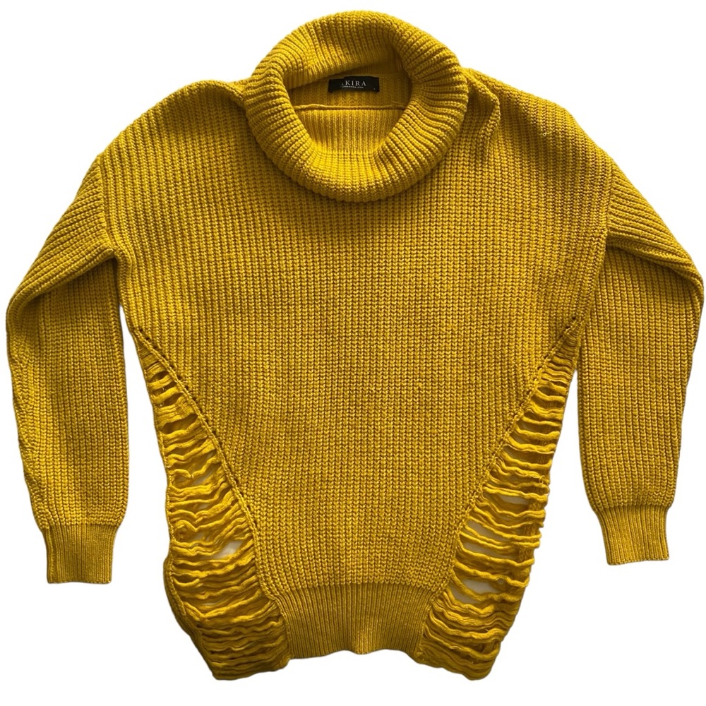 Mustard yellow, oversized Akira sweater with cutouts.